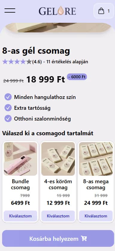 Gelore weboldal mobilnézet