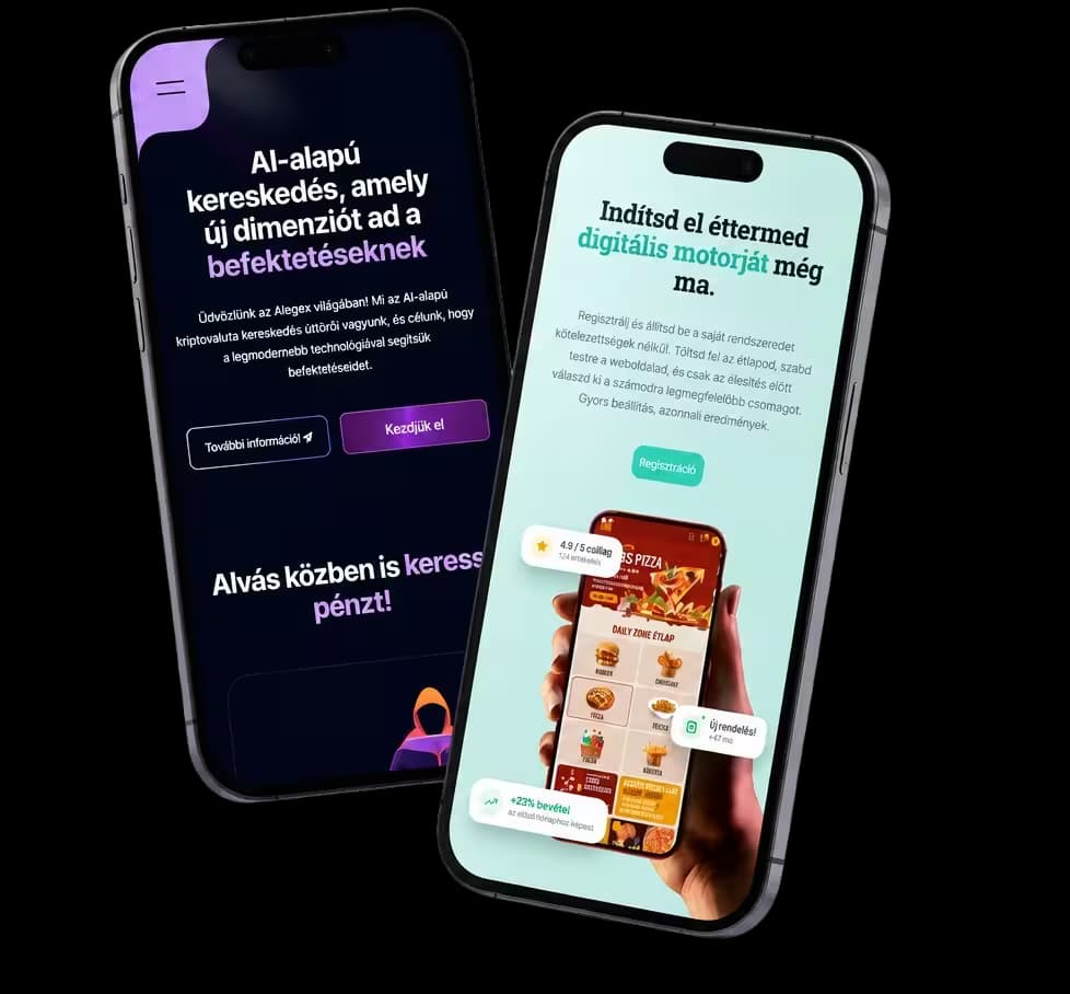 Két okostelefon a Gatium által épített weboldallal, webshoppal és mobilappal
