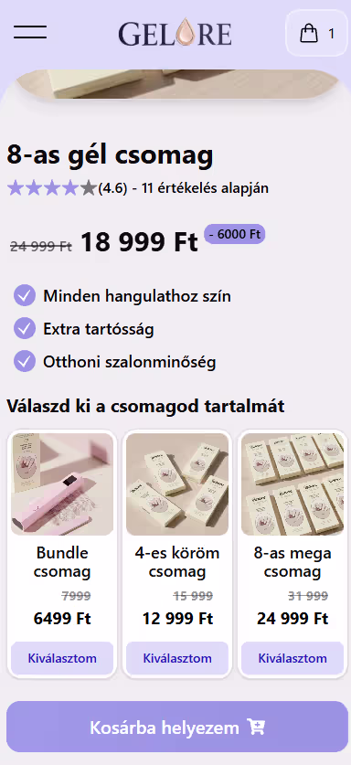 Gelore weboldal mobilnézet